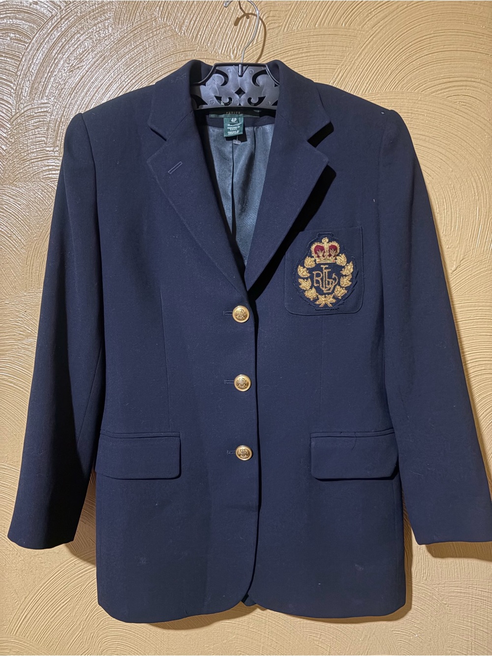 Ralph Lauren Navy Blazer with Embroidered Crest and Gold Buttons